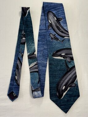 Vintage 1995 Endangered Species Orca Whale Silk Tie Marc Dennis Made in USA